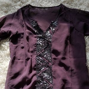 BOHO Purple mesh sequin embroidered top